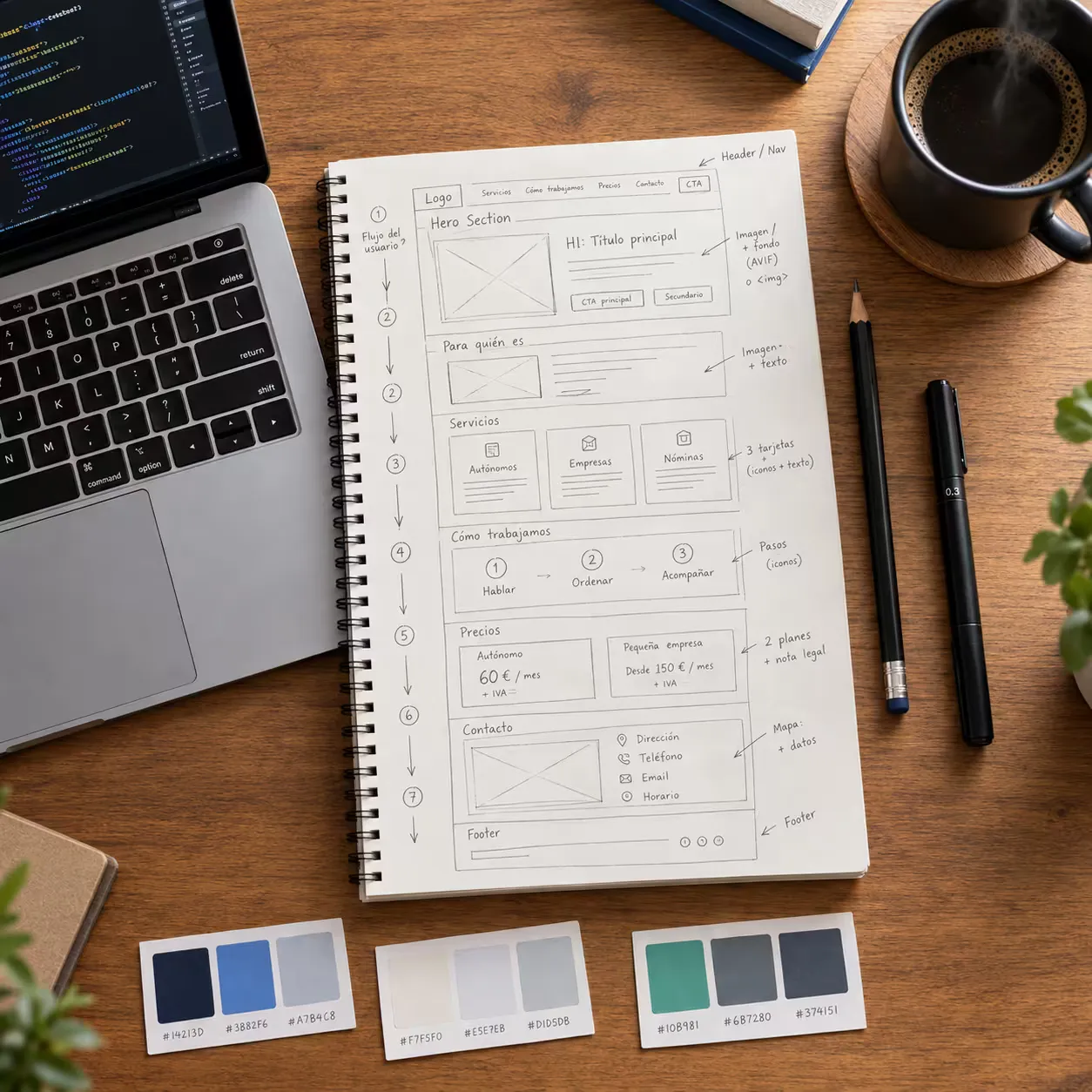 Escritorio de madera con una libreta que muestra el boceto a mano de una landing page (hero, servicios, precios y contacto), junto a una laptop con código, un café y paletas de colores.
