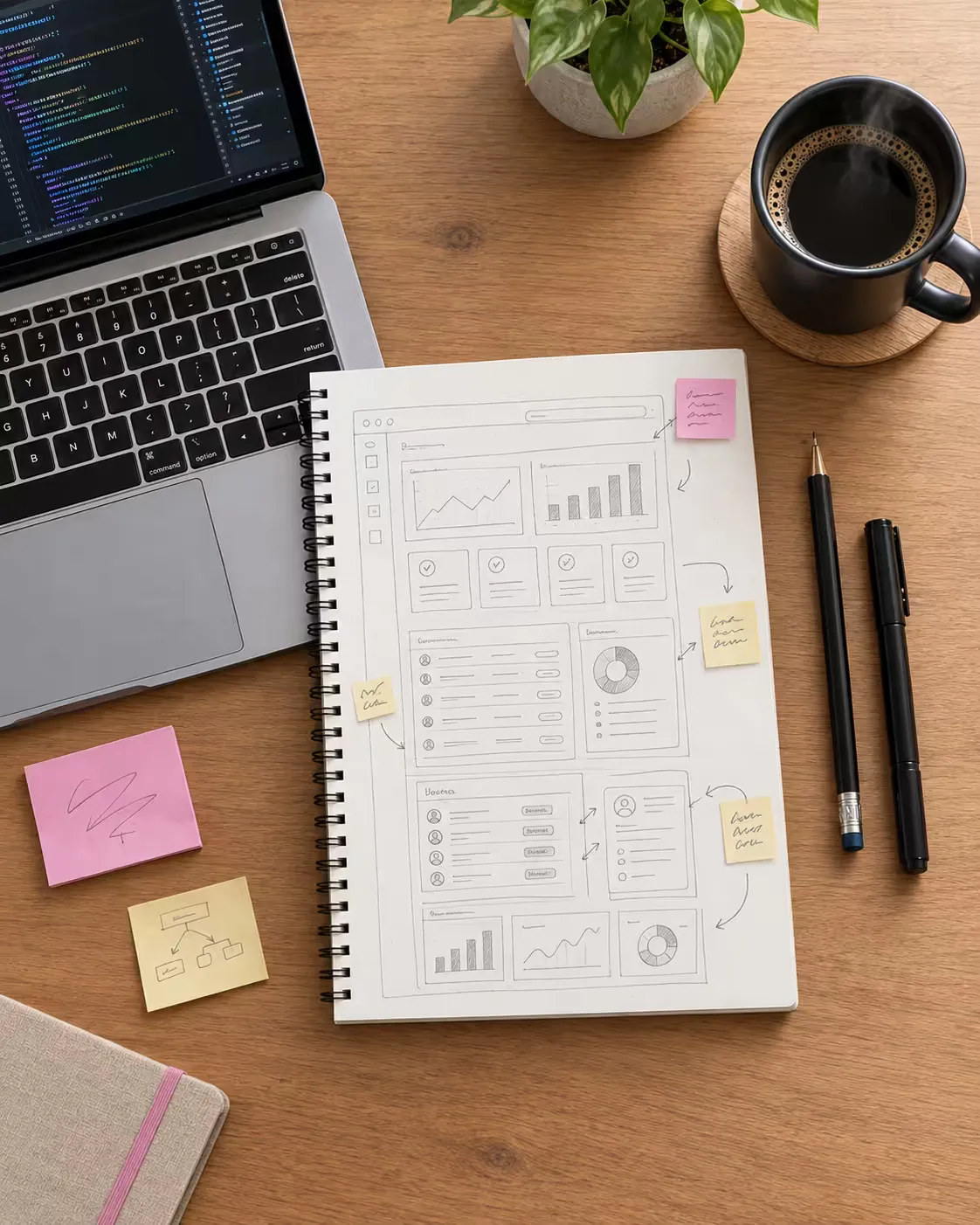 Escritorio con un cuaderno abierto mostrando un diagrama de flujo de un sistema a medida, junto a una laptop y un café